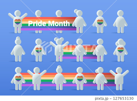Pride month celebration diverse people rainbow flag community unity heart symbols blue background social campaign website banner 127653130