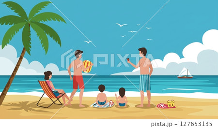 青い海と白い砂浜で過ごす家族の幸せな夏の思い出 127653135