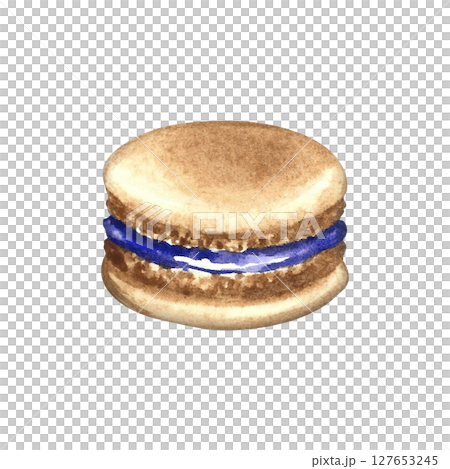 Macaron cookies. Hand-drawn watercolor illustration. Color image. Isolation. Almond confectionery. Element of your design. For banners, websites, packaging, menus, flyers, and more. 127653245