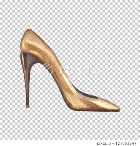 Fashionable women's high-heeled shoe. Logo for a lady. Hand-drawn watercolor illustration. Isolate. Element of banner, flyer, poster design. For postcards, packaging, and more. 127653247