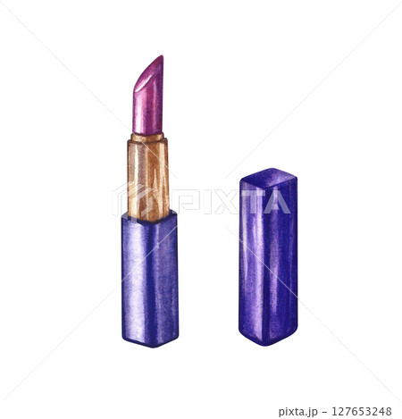 Lipstick open. Watercolor illustration made by hand. Isolate. Purple color. Design element of a flyer, banner, and poster, packaging and labels for cosmetology and beauty salons, and much more. 127653248