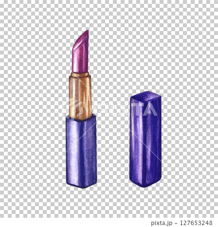 Lipstick open. Watercolor illustration made by hand. Isolate. Purple color. Design element of a flyer, banner, and poster, packaging and labels for cosmetology and beauty salons, and much more. 127653248