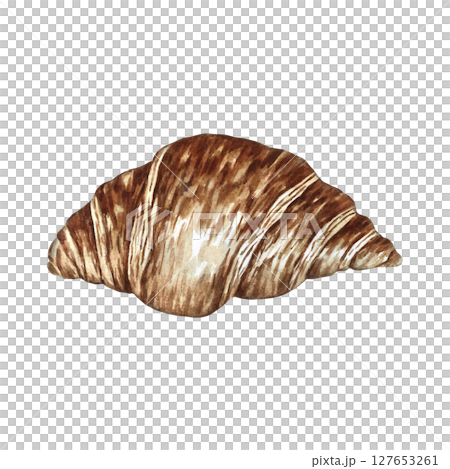 Croissant. French pastry. Hand-drawn watercolor illustration. Isolate. Color image. Crescent-shaped puff pastry. For menu design, recipes, labels, packaging, and more. 127653261