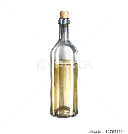 A bottle of white wine. Watercolor illustration, hand-drawn. Isolation. Color image. For packaging and labels. For banners and posters. For restaurant and bar menus. A bottle of white wine. Watercolor illustration, hand-drawn. Isolation. Color image. For packaging and labels. For banners and posters. For restaurant and bar menus. 127653264