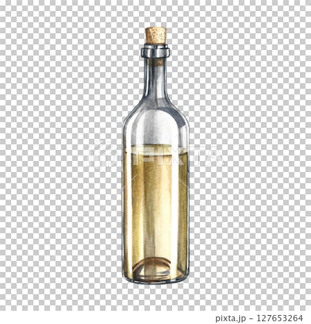 A bottle of white wine. Watercolor illustration, hand-drawn. Isolation. Color image. For packaging and labels. For banners and posters. For restaurant and bar menus. A bottle of white wine. Watercolor illustration, hand-drawn. Isolation. Color image. For packaging and labels. For banners and posters. For restaurant and bar menus. 127653264