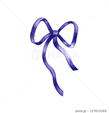 A ribbon bow. A hand-drawn watercolor illustration. Highlight it. A simple blue bow. An element for the design of greeting and invitation cards. For decor and textiles, flyers and posters and packages 127653269