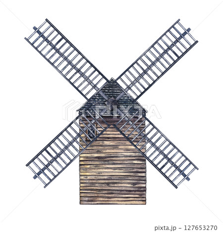 The wooden mill of the Moulin de la Galette. Hand-drawn watercolor illustration. The mill is located in the upper part of the Montmartre district in Paris. Isolated drawing. Color image. 127653270