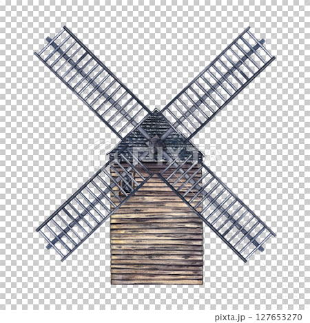 The wooden mill of the Moulin de la Galette. Hand-drawn watercolor illustration. The mill is located in the upper part of the Montmartre district in Paris. Isolated drawing. Color image. 127653270