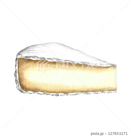 A piece of Camembert cheese. Hand-drawn watercolor illustration. Color image. Isolate. For packaging and labels. For banners and posters. For restaurant menus, bars, and more. 127653271