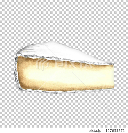A piece of Camembert cheese. Hand-drawn watercolor illustration. Color image. Isolate. For packaging and labels. For banners and posters. For restaurant menus, bars, and more. 127653271