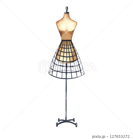 Tailor's dummy. Hand-drawn watercolor illustration in a vintage style. Isolate. This is an element of your design for banners, posters, websites, and advertisements, postcards, flyers, and more. 127653272