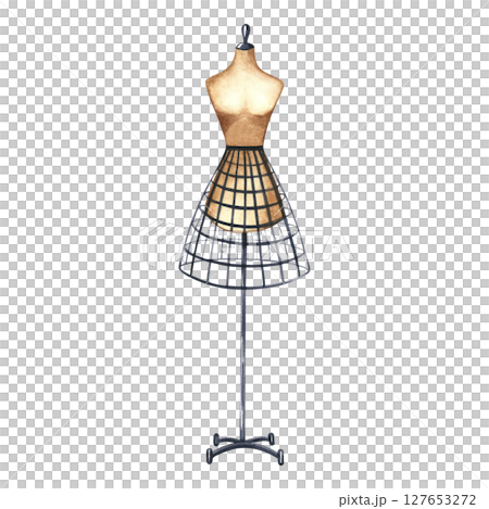 Tailor's dummy. Hand-drawn watercolor illustration in a vintage style. Isolate. This is an element of your design for banners, posters, websites, and advertisements, postcards, flyers, and more. 127653272