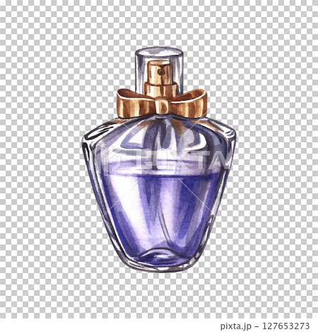 A perfume bottle made of transparent glass. Vintage purple perfume. A hand-drawn watercolor illustration. Isolate her. For packaging, postcards and labels. For banners, flyers and posters. 127653273