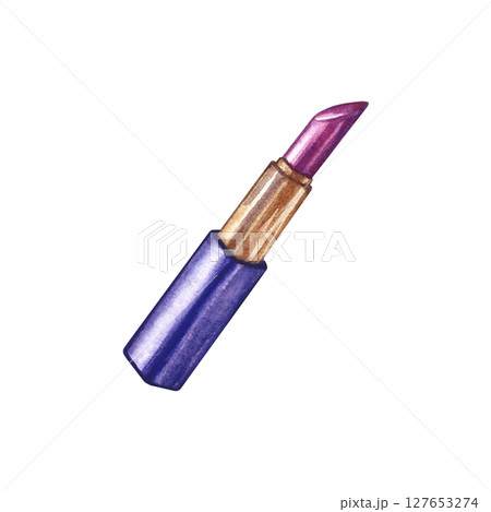 Lipstick open. Watercolor illustration made by hand. Isolate. Purple color. Design element of a flyer, banner, and poster, packaging and labels for cosmetology and beauty salons, and much more. 127653274
