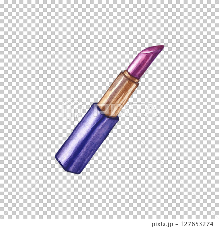 Lipstick open. Watercolor illustration made by hand. Isolate. Purple color. Design element of a flyer, banner, and poster, packaging and labels for cosmetology and beauty salons, and much more. 127653274