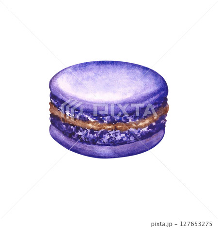 Macaroon cookies. Hand-drawn watercolor illustration. Purple color. Isolate. Almond confectionery. Element of your design. For banners, websites, packaging, menus, flyers, and more. 127653275