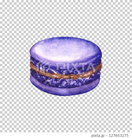 Macaroon cookies. Hand-drawn watercolor illustration. Purple color. Isolate. Almond confectionery. Element of your design. For banners, websites, packaging, menus, flyers, and more. 127653275