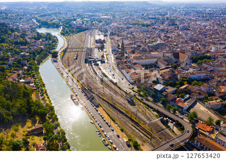 Aerial view of Agen overlooking railway tracks 127653420