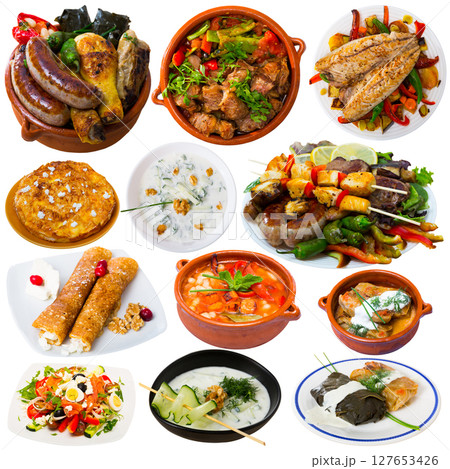 Different dishes of traditional Bulgarian cuisine with meat and vegetables isolated Different dishes of traditional Bulgarian cuisine with meat and vegetables isolated 127653426