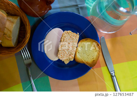 Top view of Asturian scorpionfish cake 127653487