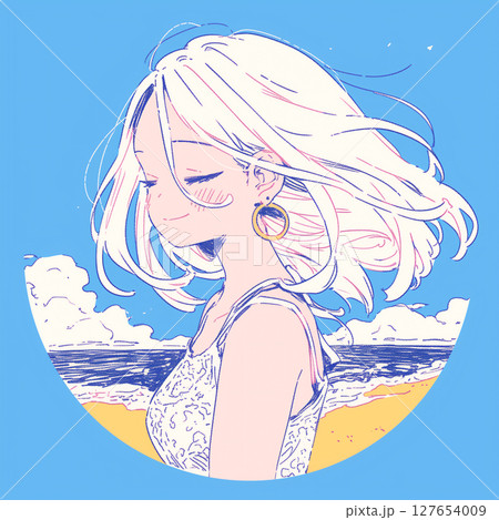 海辺で微笑む白髪の女の子と青空 127654009