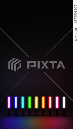 黒背景に9色のカラフルなペンライト。コピースペース。3D（縦長） 127654107