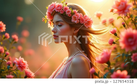 Young woman in flower crown standing amidst blooming roses during golden hour in a vibrant garden 127654318