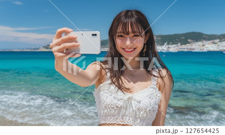 リゾートの海で自撮りをする若い女性 127654425