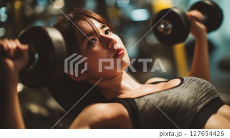 トレーニングジムでダンベルプレスをする若い女性 127654426