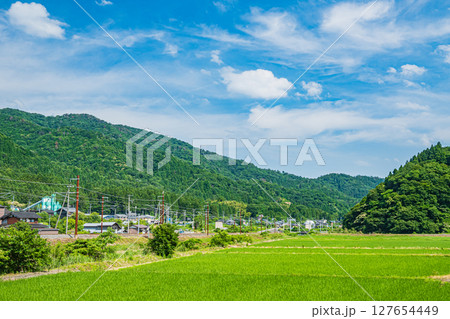 湖北の田園地帯を通る北陸本線 滋賀県長浜市余呉町 湖北の田園地帯を通る北陸本線 滋賀県長浜市余呉町 127654449