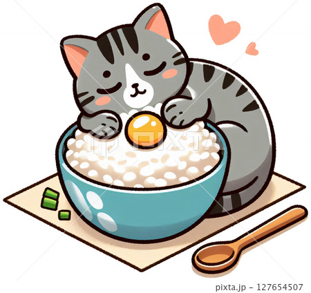 A cat cuddling with a bowl of rice and tiny egg on top, Japanese cartoon style (1) 127654507