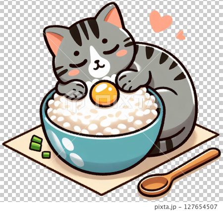 A cat cuddling with a bowl of rice and tiny egg on top, Japanese cartoon style (1) 127654507