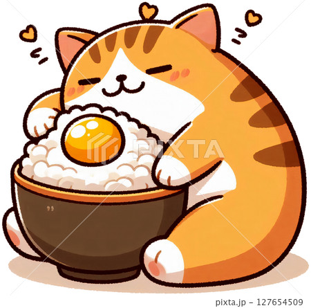 A cat cuddling with a bowl of rice and tiny egg on top, Japanese cartoon style 127654509