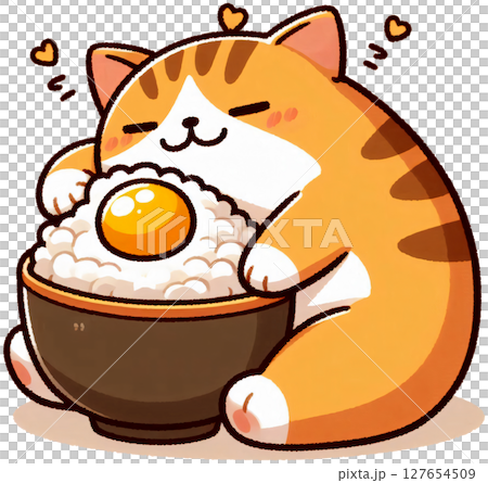 A cat cuddling with a bowl of rice and tiny egg on top, Japanese cartoon style 127654509