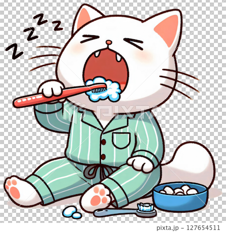A cat brushing its teeth while half asleep, Korean morning routine cartoon style 127654511