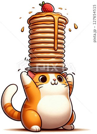 A cat balancing a stack of pancakes on its head, funny and cute cartoon style 127654515