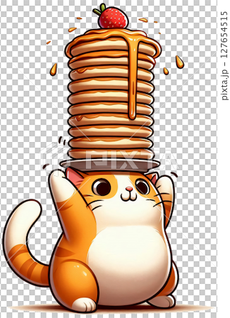 A cat balancing a stack of pancakes on its head, funny and cute cartoon style 127654515
