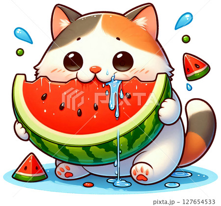 A cat eating a slice of watermelon with juice dripping A cat eating a slice of watermelon with juice dripping 127654533