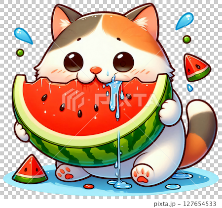 A cat eating a slice of watermelon with juice dripping A cat eating a slice of watermelon with juice dripping 127654533