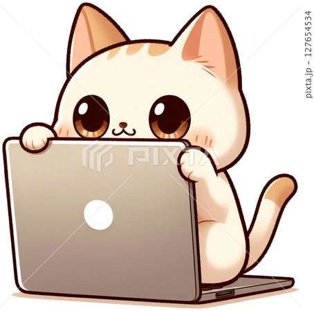 A cat hiding behind a laptop with only its eyes showing, Japanese cartoon style A cat hiding behind a laptop with only its eyes showing, Japanese cartoon style 127654534