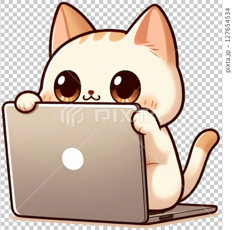 A cat hiding behind a laptop with only its eyes showing, Japanese cartoon style A cat hiding behind a laptop with only its eyes showing, Japanese cartoon style 127654534
