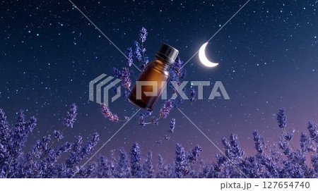 ラベンダー畑に浮かぶ精油瓶と三日月 ラベンダー畑に浮かぶ精油瓶と三日月 127654740
