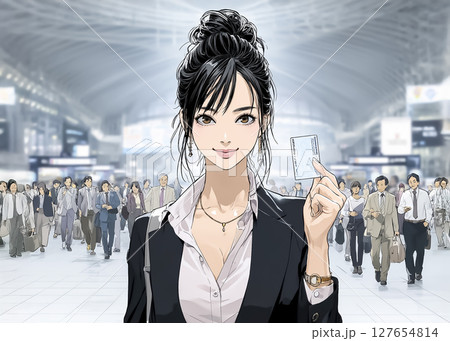 駅の自動改札をカードで通過する若い女性のイラスト素材 駅の自動改札をカードで通過する若い女性のイラスト素材 127654814