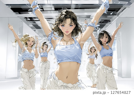 スポーツジムのダンス教室でダンスを踊る若い女性のイラスト素材 127654827