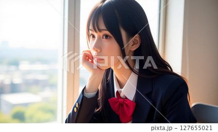 考え事をしているブレザーを着ている学生 考え事をしているブレザーを着ている学生 127655021