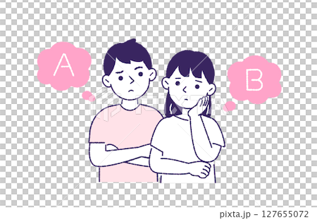 A young couple struggling to choose between A and B 127655072
