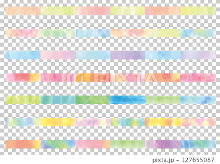 A set of 7 uneven watercolor colorful rectangles arranged like masking tape A set of 7 uneven watercolor colorful rectangles arranged like masking tape 127655087