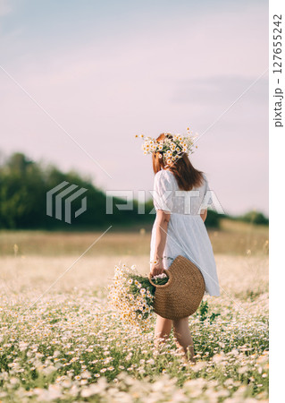 Daisy field flowers, woman, nature. Walks at day with daisies on head basket in flower field. Daisy field flowers, woman, nature. Walks at day with daisies on head basket in flower field. 127655242