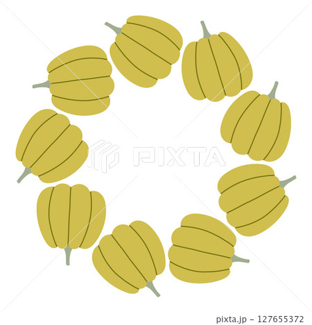 Pumpkin circle frame. Round border made of fall pumpkins. The pumpkins have different shapes and are arranged in a circle. Vector flat isolated on white background. 127655372