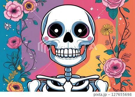 カラフルでポップな花の背景とかわいいガイコツのイラスト 127655698